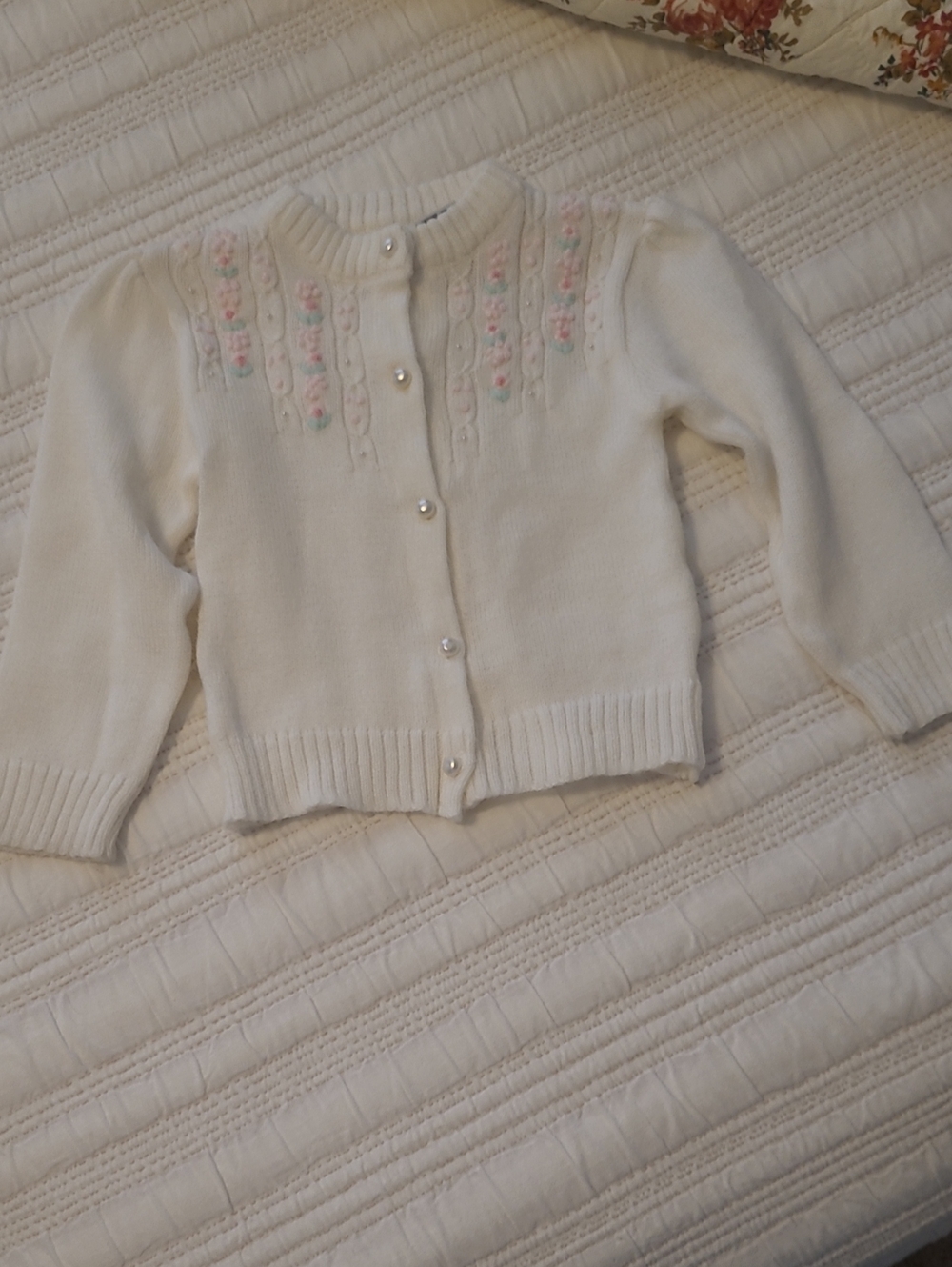 Vintage 24 Month Cream Cardigan with Pink Floral Embroidery